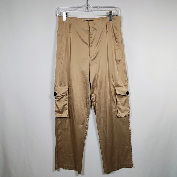 Zara Pants - Zara Women's Champagne Gold Satin Cargo Pants Wide Leg High Waist Utility M